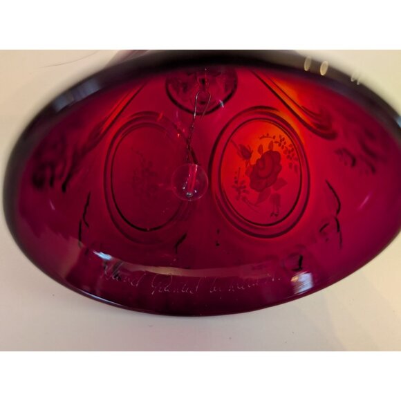 Vintage Fenton Ruby Red Glass Bell HandPainted White Rose Design Floral Details - Picture 6 of 7